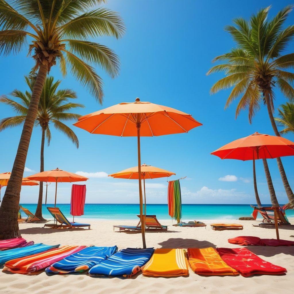 A vibrant beach scene featuring a diverse group of people happily trying on colorful swimwear by a sunny shoreline. Include palm trees swaying in the background, umbrellas, and beach accessories like towels and sunglasses to evoke a summer vibe. Highlight different swimwear styles hanging on display, captivating the viewer’s attention to the theme of choice. super-realistic. vibrant colors. sunny backdrop.