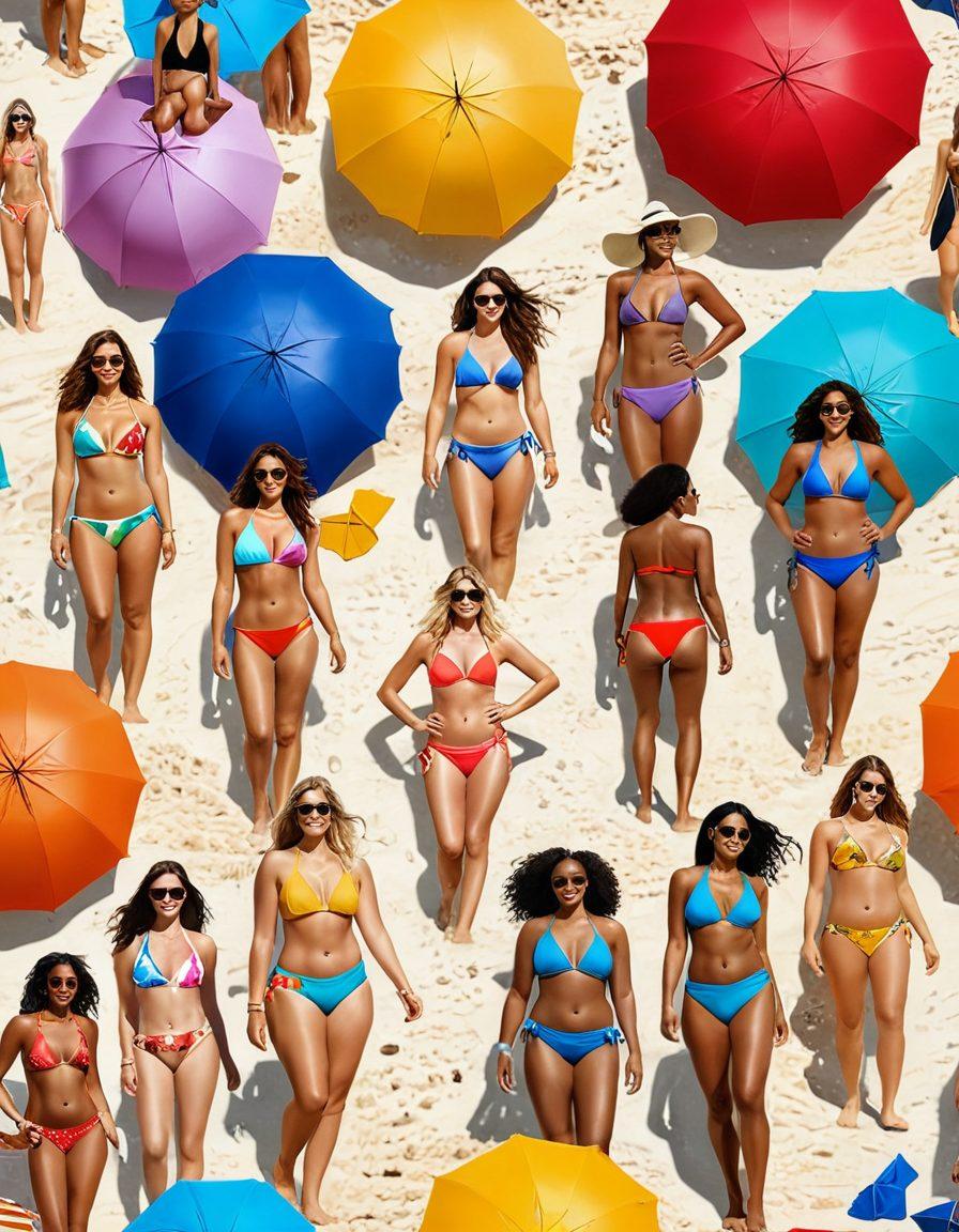 A vibrant beach scene showcasing a diverse group of women wearing various bikini styles, from halter necks to thongs, each embodying confidence and individuality. The background features soft sandy shores, crystal-clear waves, and colorful beach umbrellas, capturing the essence of summer fun. Incorporate elements like beach balls and sun hats to enhance the playful atmosphere. Bright and cheerful colors dominate the image, inviting viewers to explore their own bikini choices. super-realistic. vibrant colors. dynamic composition.